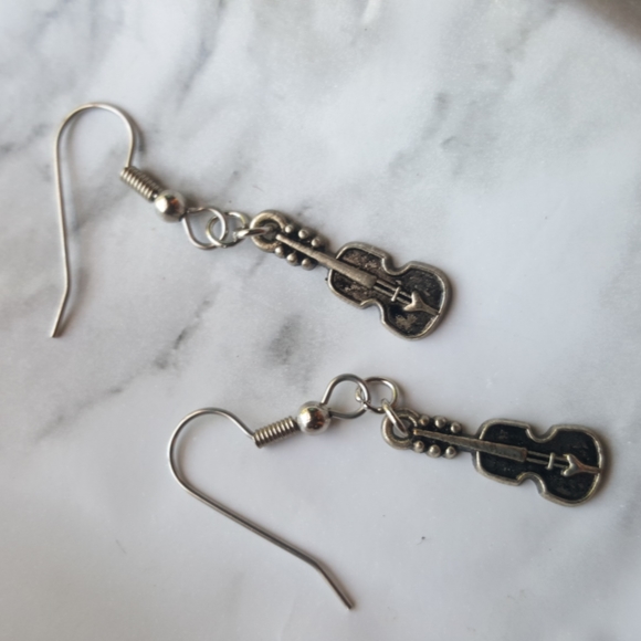 Violin Fiddle Earrings Surgical Steel Silver Tone - Picture 7 of 8